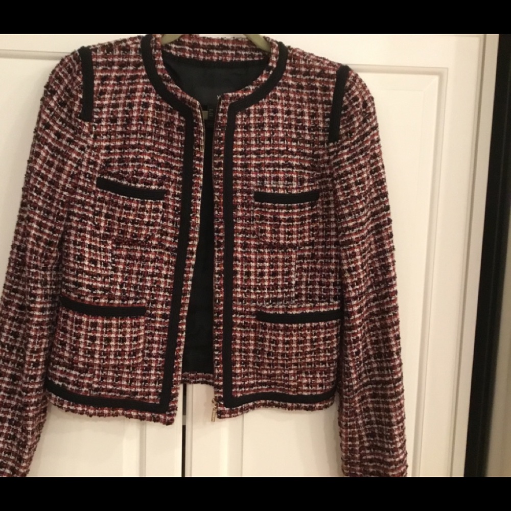 MNG Bucle jacket. Red and black with black piping.